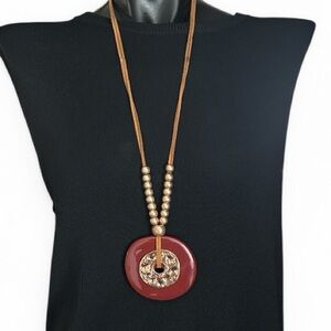 Mya Long Statement Necklace with Suede Cord and Acrylic Pendant Gold Accent